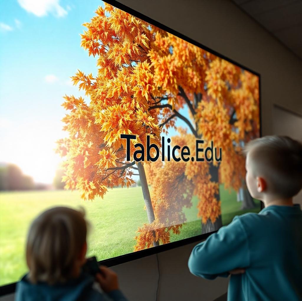Dzieci obserwują interaktywną tablicę multimedialną wyświetlającą jesienny krajobraz z drzewem o pomarańczowych liściach i napisem 'Tablice.Edu'.