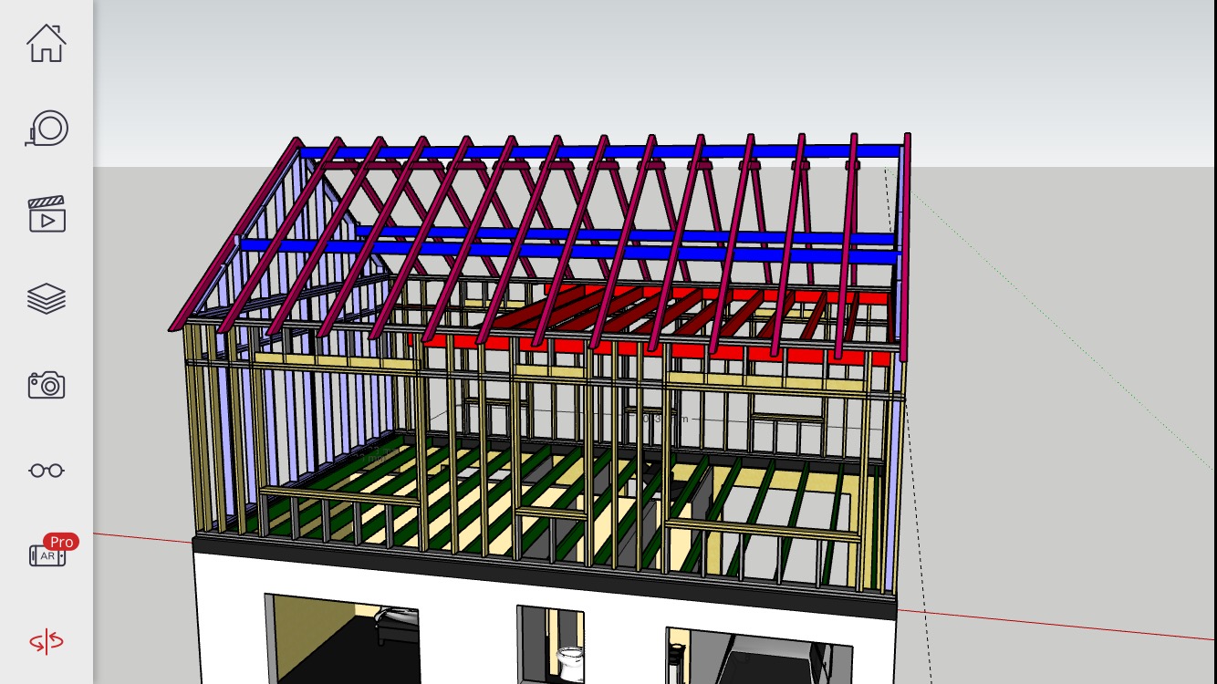 Wizualizacja 3D w programie graficznym: przekrój poprzeczny budynku w trakcie budowy z widoczną konstrukcją szkieletową ścian, stropu i dachu z elementami w kolorach: czerwonym, niebieskim, żółtym...