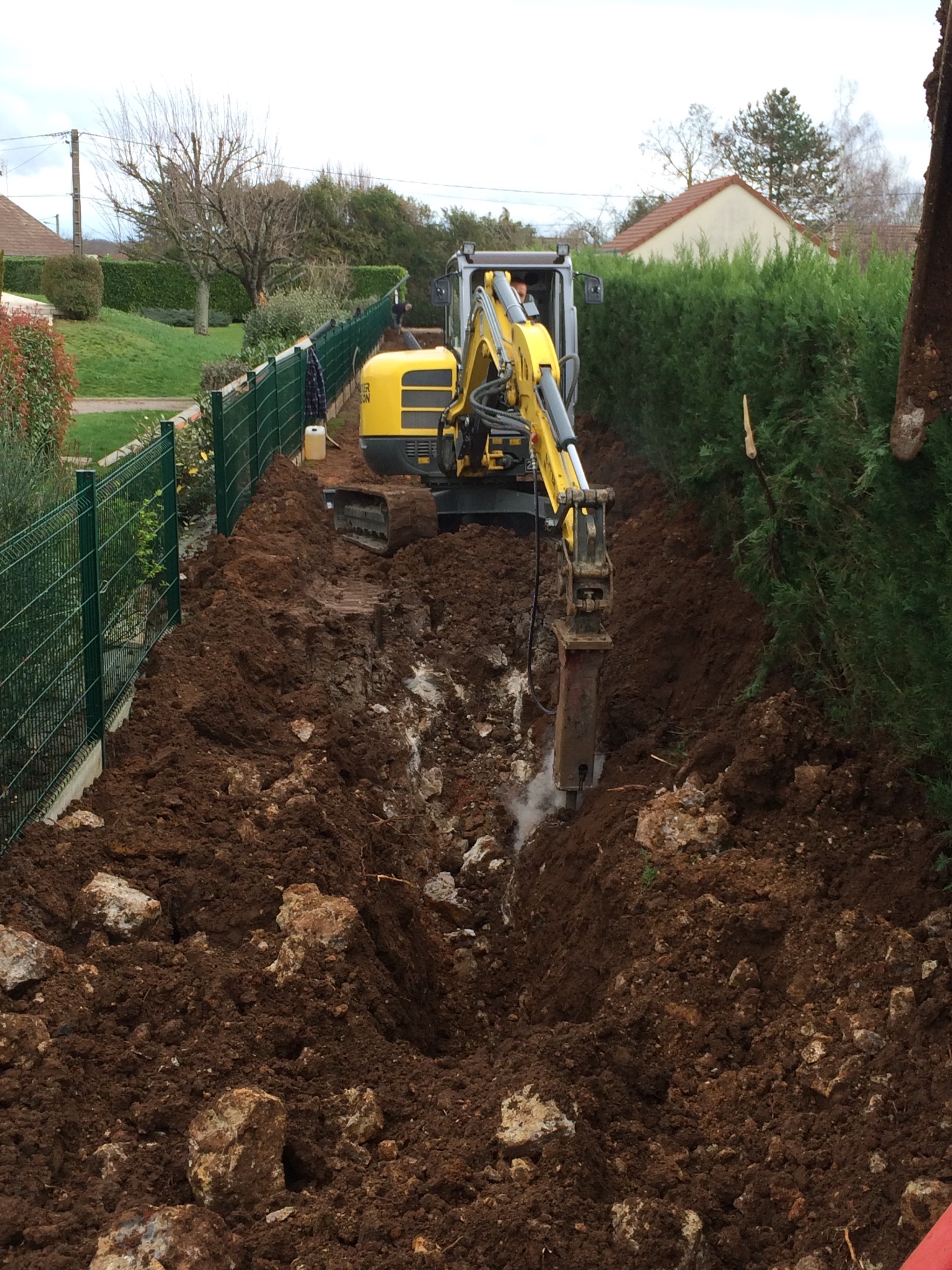Żółta koparka z młotem pneumatycznym rozbija twardy grunt w wąskim wykopie między zielonym ogrodzeniem a żywopłotem, przygotowując teren pod fundamenty.