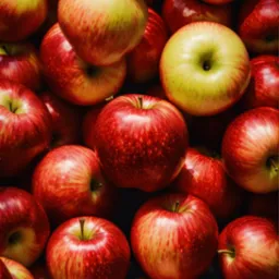 Stos czerwonych i zielonych jabłek odmiany Honeycrisp, z widocznymi drobnymi kropkami i błyszczącą skórką, ułożonych ciasno obok siebie.