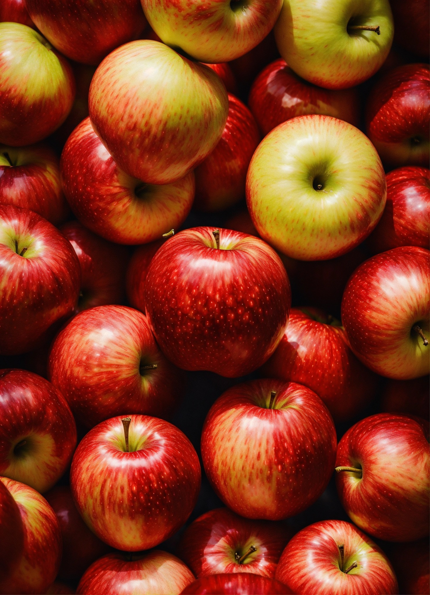 Stos czerwonych i zielonych jabłek odmiany Honeycrisp, z widocznymi drobnymi kropkami i błyszczącą skórką, ułożonych ciasno obok siebie.