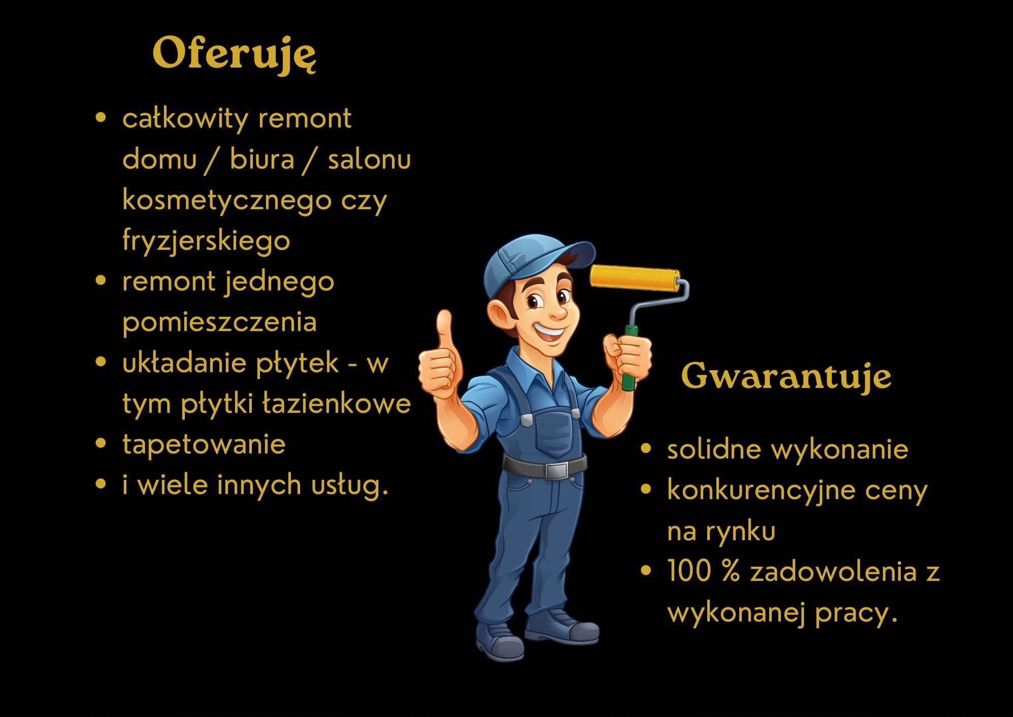 Kreskówkowy hydraulik w niebieskim kombinezonie i czapce, trzymający wałek do malowania, prezentujący ofertę remontową z gwarancją jakości.