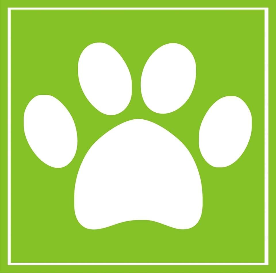 Grafika przedstawiająca biały odcisk łapy zwierzęcia na jasnozielonym kwadracie z białą ramką.