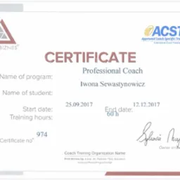 Certyfikat ukończenia kursu Professional Coach dla Iwony Sewastynowicz, wydany przez Profi Biznes, z datami rozpoczęcia i zakończenia oraz liczbą godzin szkoleniowych i numerem certyfikatu.