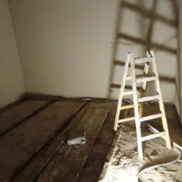 Przygotowanie do tynkowania maszynowego: surowe ściany, drewniana podłoga z resztkami gruzu, drabina malarska rzucająca cień na ścianę, widoczne kable i oświetlenie budowlane.