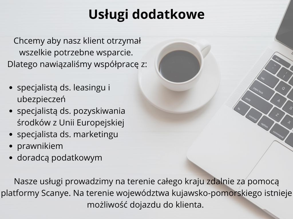 Tekst na białym tle z nagłówkiem 'Usługi dodatkowe', lista punktowana z ofertą specjalistów (leasing, UE, marketing, prawo, podatki), filiżanka kawy na spodku i fragment klawiatury laptopa po...