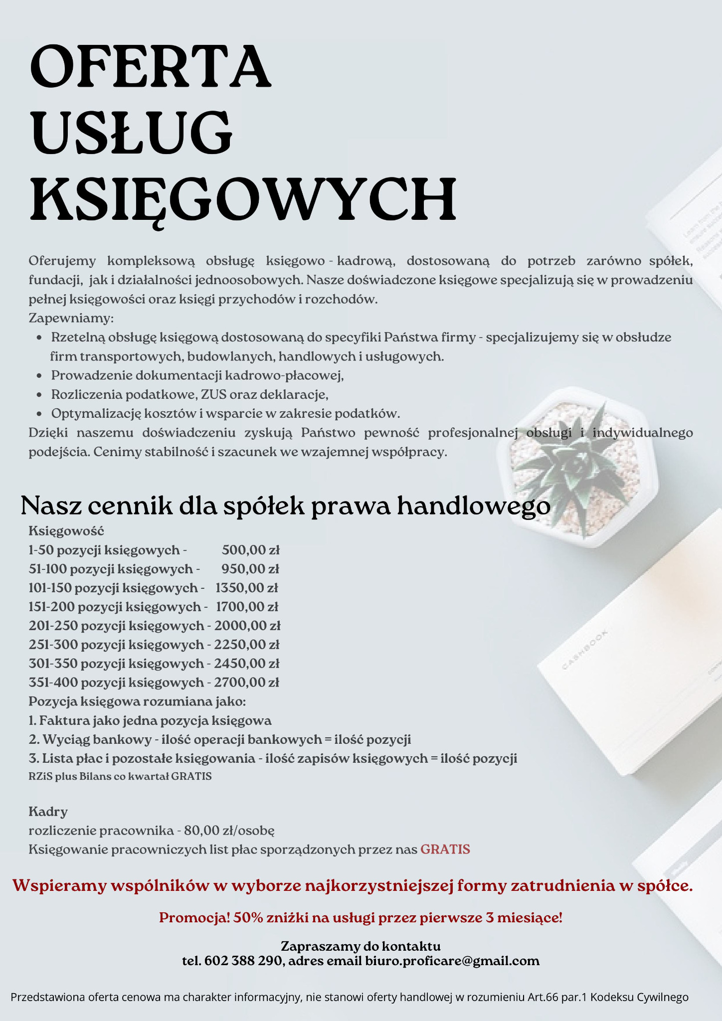 Ogłoszenie biura rachunkowego z cennikiem usług, informacją o promocji i danymi kontaktowymi, obok którego leży notes z napisem CASHBOOK i stoi mała roślina doniczkowa.