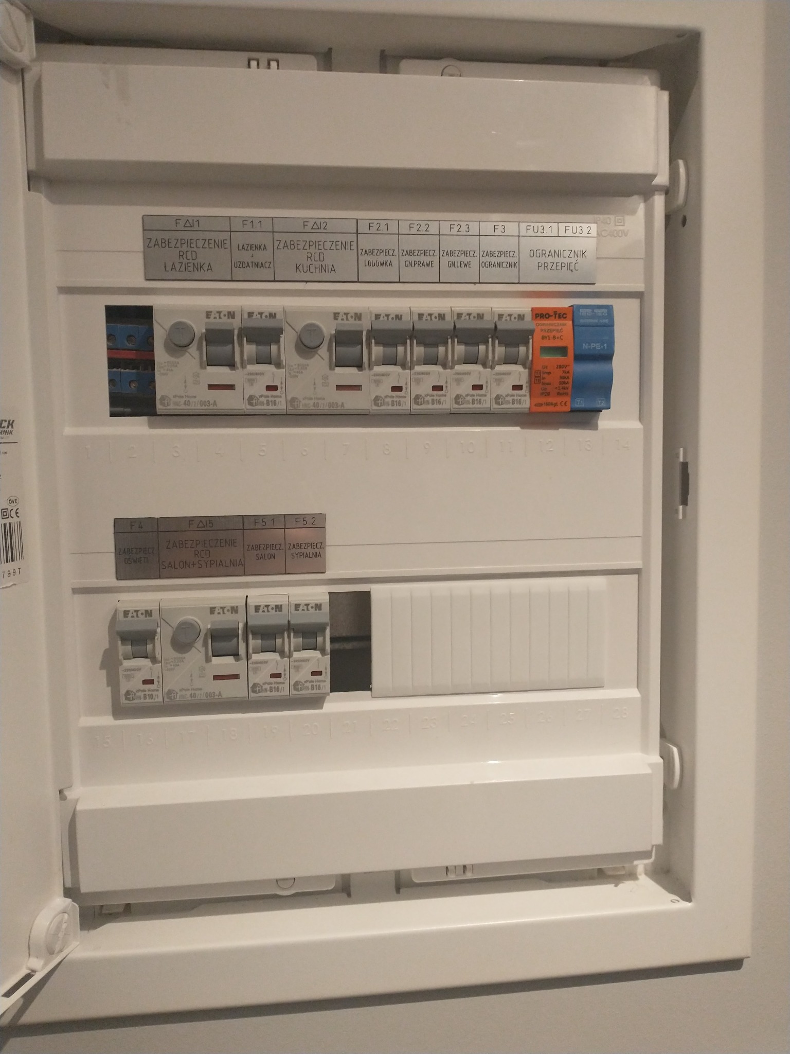 Rozdzielnica elektryczna z bezpiecznikami Eaton, opisana dla różnych obwodów: łazienka, kuchnia, salon, sypialnia. Widoczne zabezpieczenia RCD i ograniczniki przepięć.