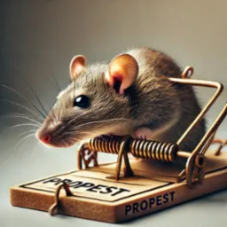 Szczur w drewnianej pułapce na gryzonie z napisem PROPEST, złapany w zbliżeniu.