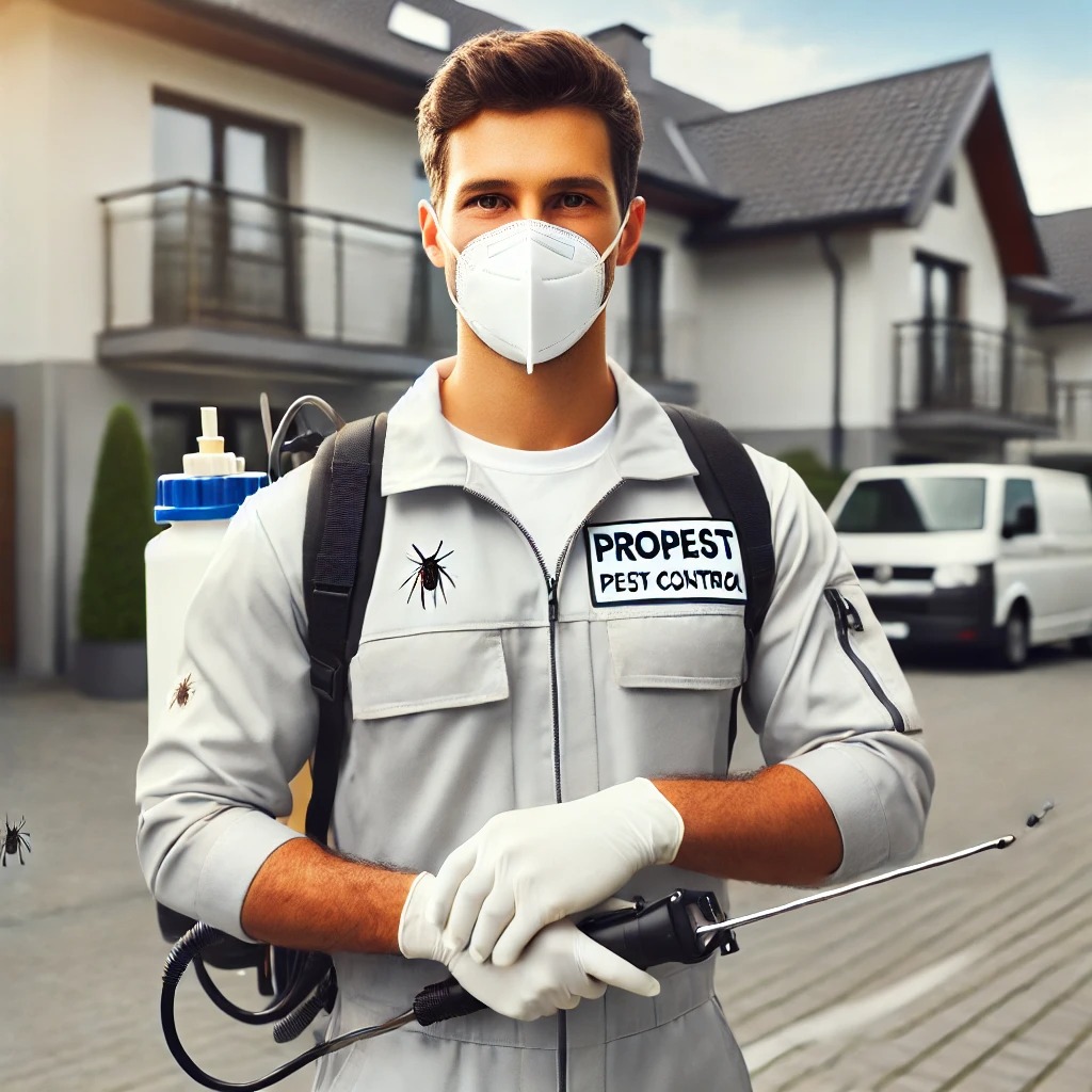 Pracownik firmy dezynsekcyjnej w kombinezonie z logiem, masce i rękawicach, trzymający lancę opryskiwacza na tle domu i furgonetki.