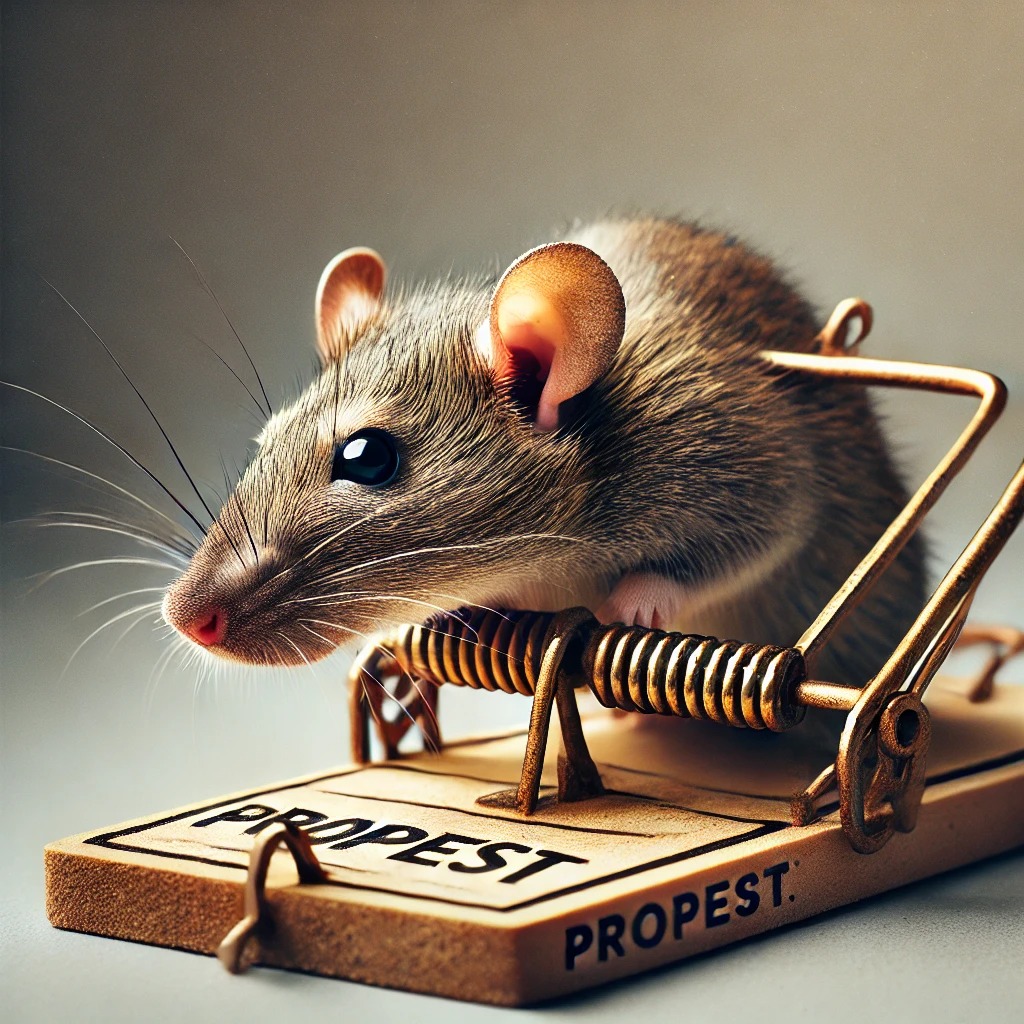 Szczur w drewnianej pułapce na gryzonie z napisem PROPEST, złapany w zbliżeniu.