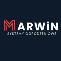 Logo firmy Marwin Systemy Ogrodzeniowe z charakterystycznym czerwonym znakiem M i białym napisem na ciemnoniebieskim tle.