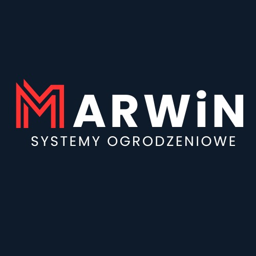 Logo firmy Marwin Systemy Ogrodzeniowe z charakterystycznym czerwonym znakiem M i białym napisem na ciemnoniebieskim tle.
