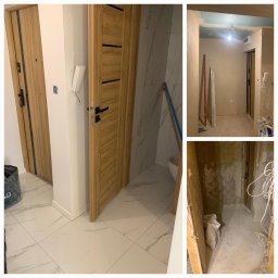 MOZAIKA PLUS SP. z o.o. - Kolaż: montaż drzwi z drewnianą okleiną i czarnymi akcentami, białe płytki podłogowe z szarymi żyłkami, stan surowy łazienki przed wykończeniem.