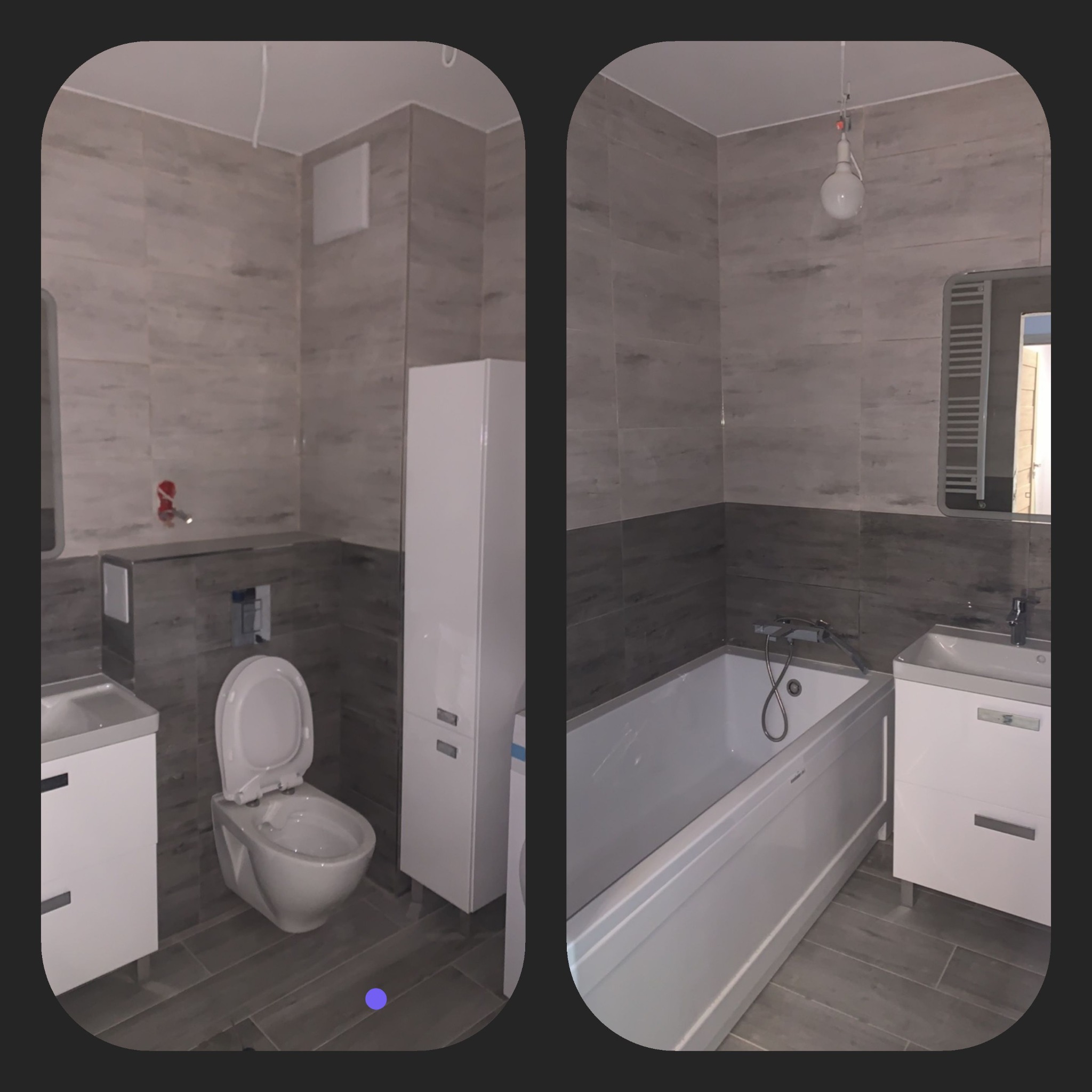 Nowoczesna łazienka po remoncie: szare płytki imitujące drewno, podwieszana toaleta z zabudowaną spłuczką, biała szafka łazienkowa z umywalką, wanna z baterią, wysoka biała szafka, surowa żarówka...