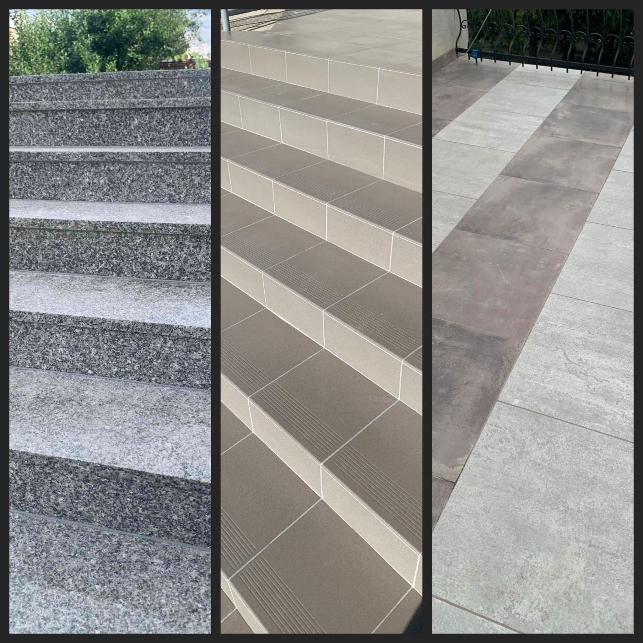 Kolaż przedstawiający trzy różne wykończenia schodów: granitowe, ceramiczne z ryflowanym brzegiem i płytki gresowe na tarasie z ciemniejszym pasem dekoracyjnym.