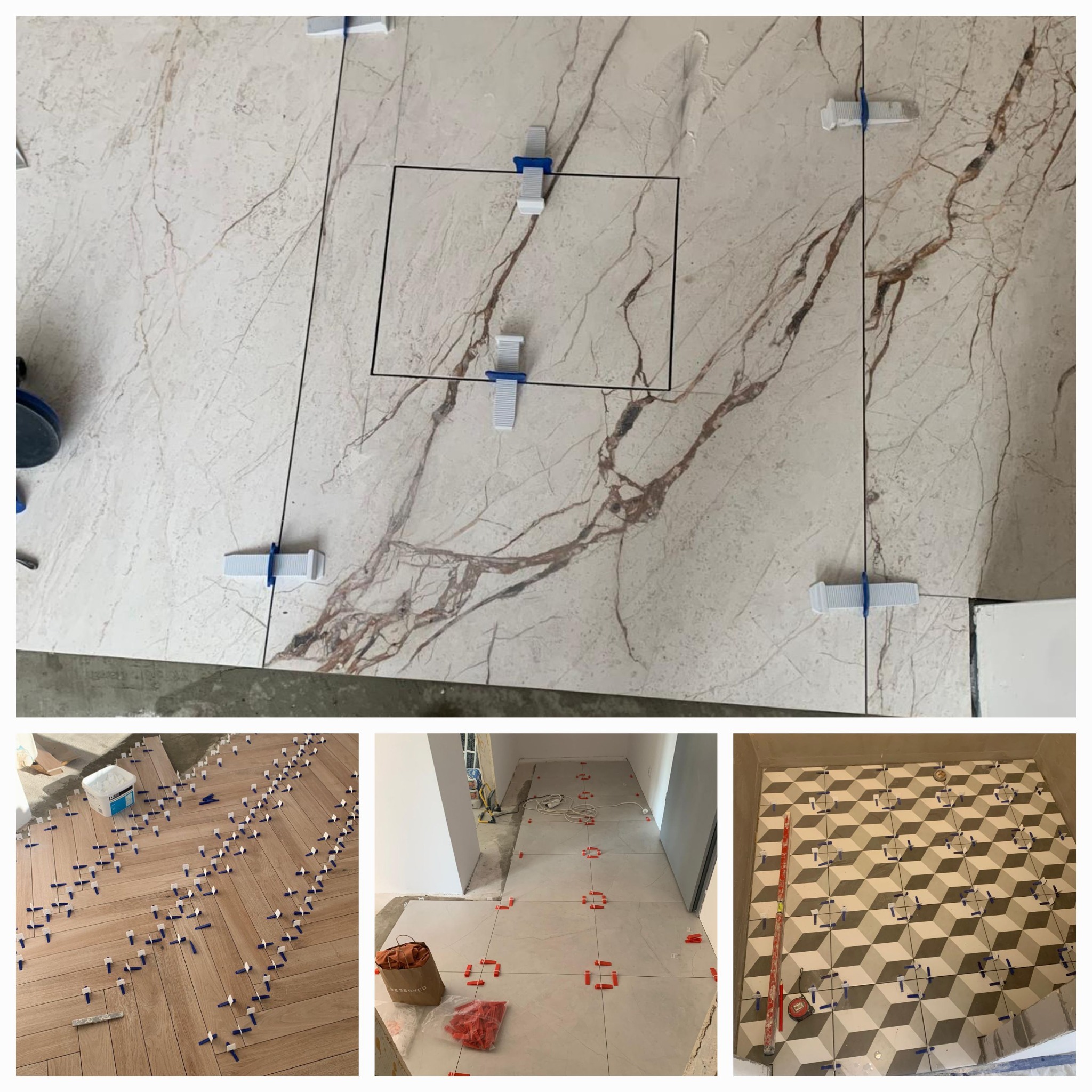 Układanie płytek marmurowych z użyciem systemu poziomowania, widoczny odpływ liniowy. Na dole kolaż z układania płytek drewnopodobnych i geometrycznych.