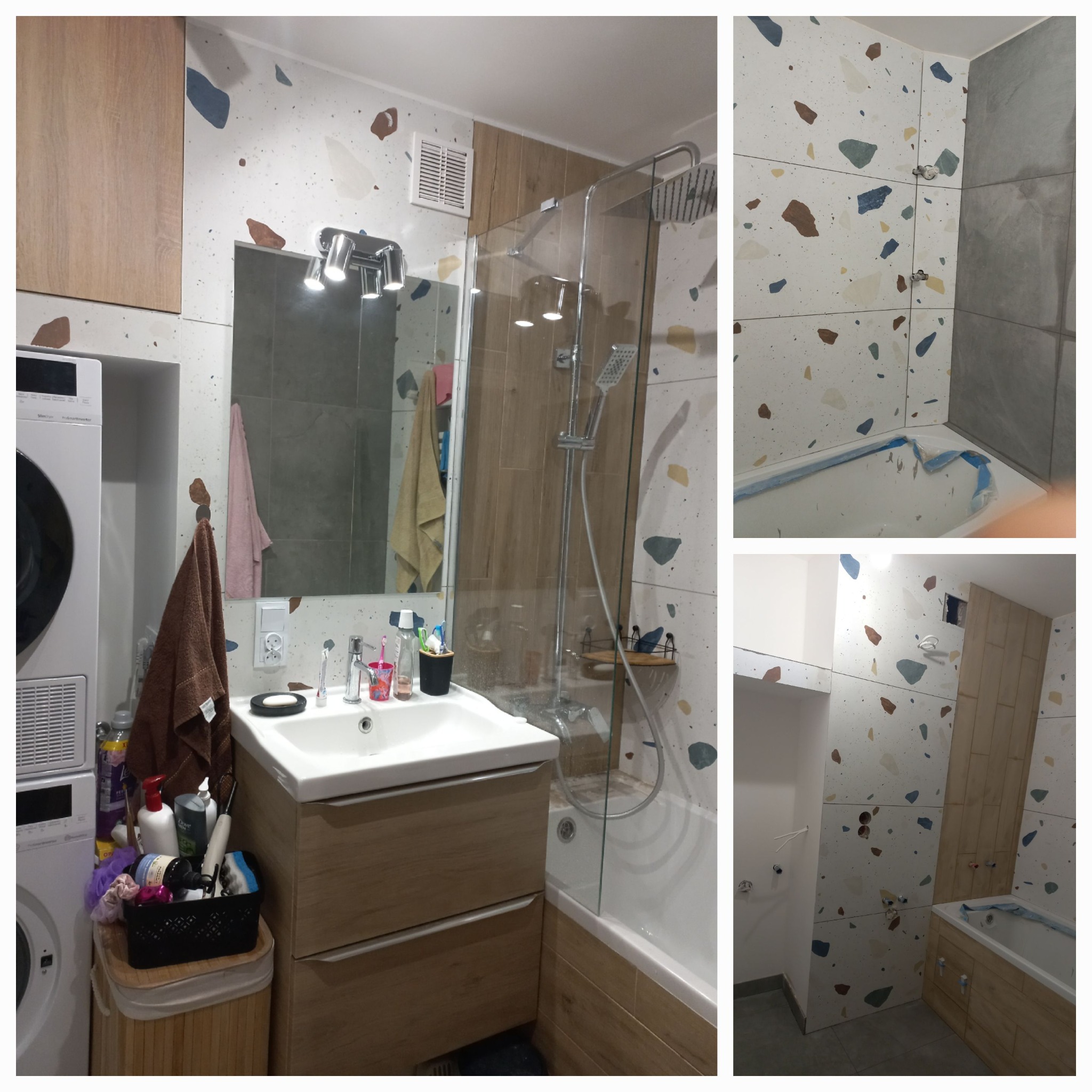 Wykończona łazienka z umywalką, kabiną prysznicową i pralką. Na ścianach płytki w stylu lastryko i drewnopodobne. Widoczne detale wykończenia.