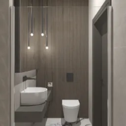 Nowoczesna łazienka z marmurową podłogą, wiszącą umywalką na kamiennym blacie, toaletą i trzema pionowymi lampami wiszącymi