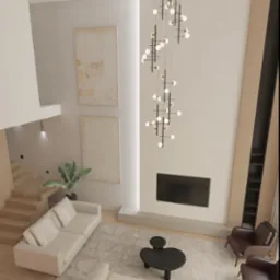 Wysoki salon z dwoma białymi sofami, czarnym stolikiem kawowym, telewizorem nad kominkiem i wiszącą lampą sufitową, widok z góry.