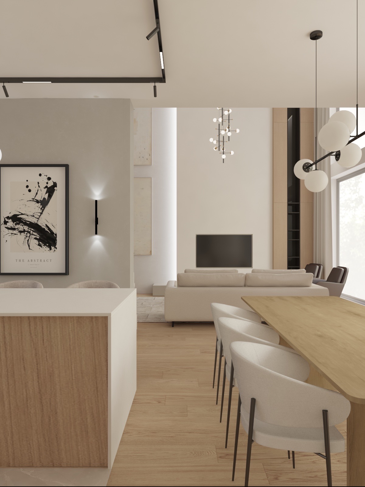 Jasne, przestronne wnętrze z drewnianą podłogą, beżową sofą, minimalistycznym oświetleniem punktowym i wiszącymi lampami kulistymi, uzupełnione abstrakcyjnym obrazem w czarnej ramie i drewnianym...