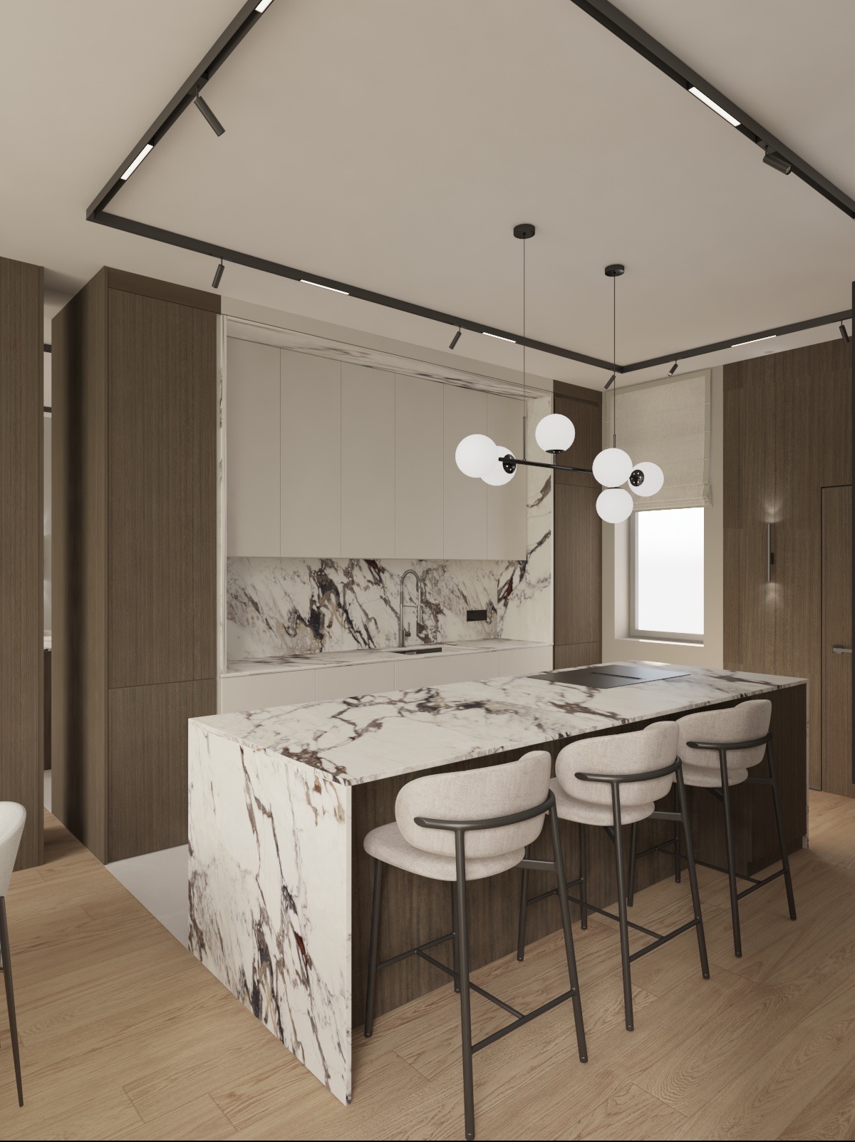 Nowoczesna kuchnia z marmurowym blatem wyspowym, hokerami z szarej tkaniny, oświetleniem szynowym i wiszącymi lampami kulistymi, widok z perspektywy lekko podniesionej.