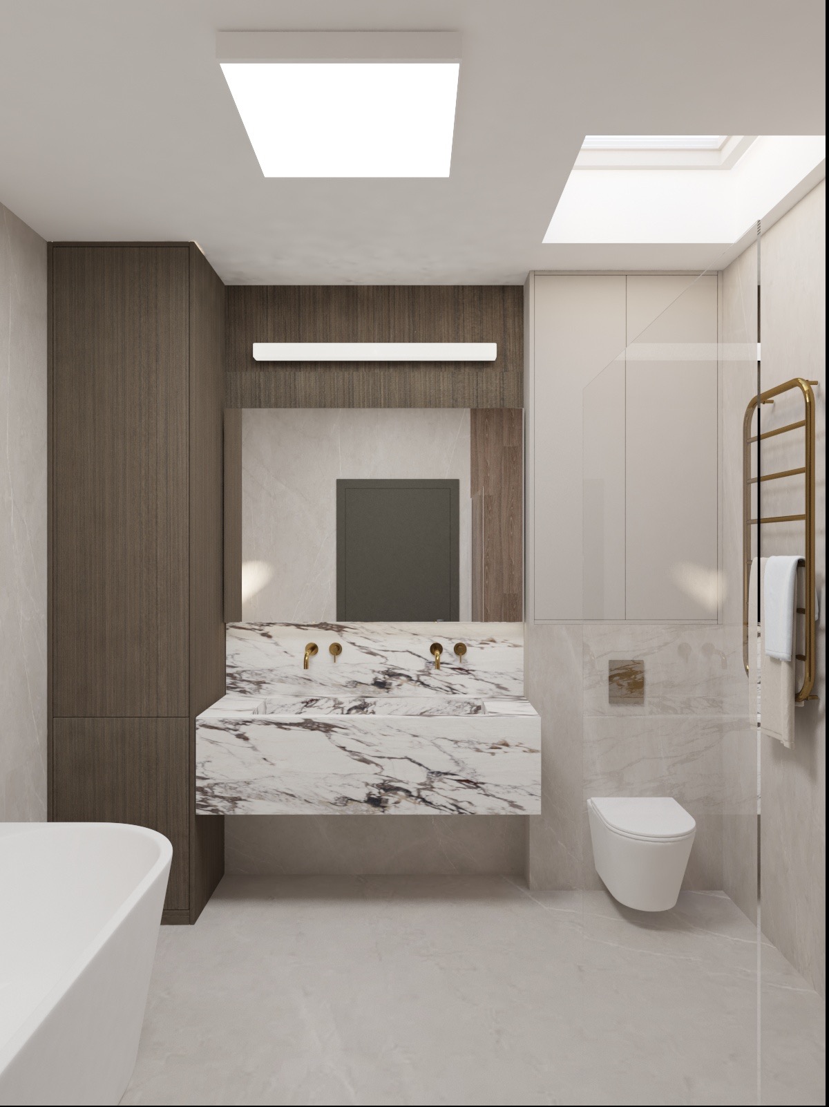 Nowoczesna łazienka z marmurową umywalką, złotymi bateriami i grzejnikiem drabinkowym, oświetlona lampą sufitową i światłem dziennym z okna dachowego.