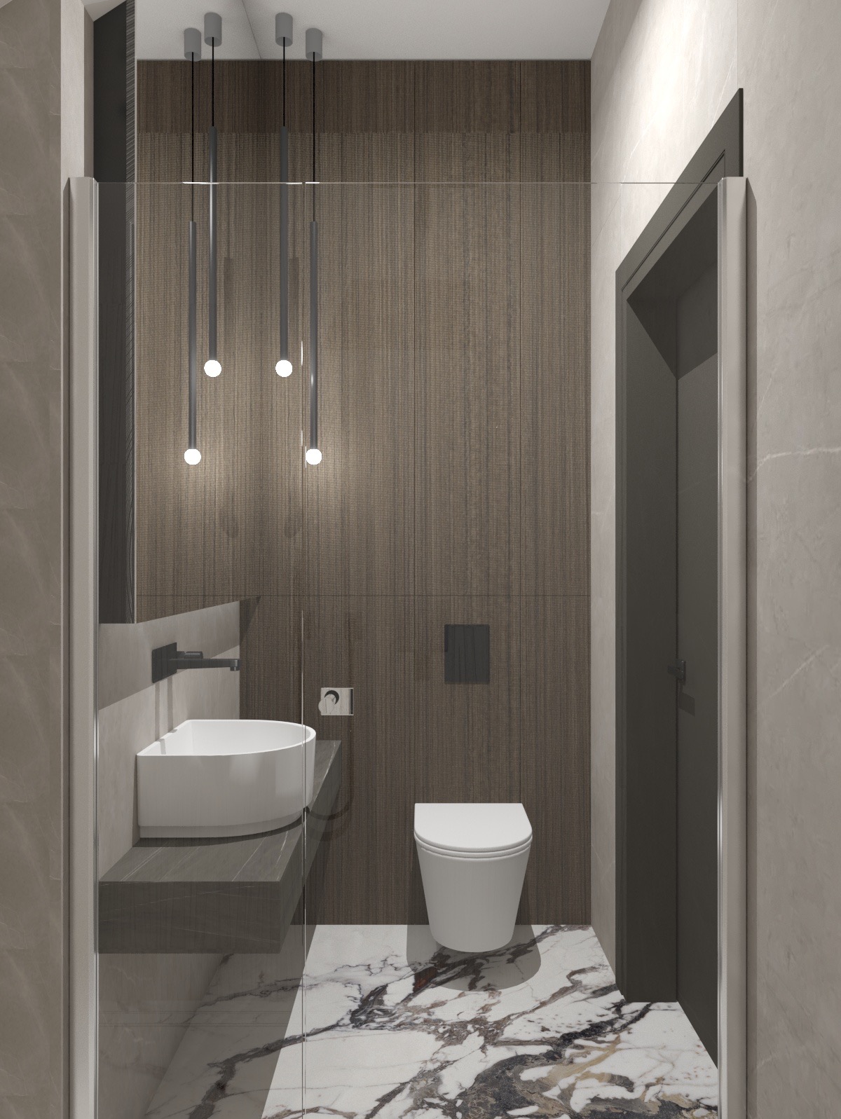 Nowoczesna łazienka z marmurową podłogą, wiszącą umywalką na kamiennym blacie, toaletą i trzema pionowymi lampami wiszącymi