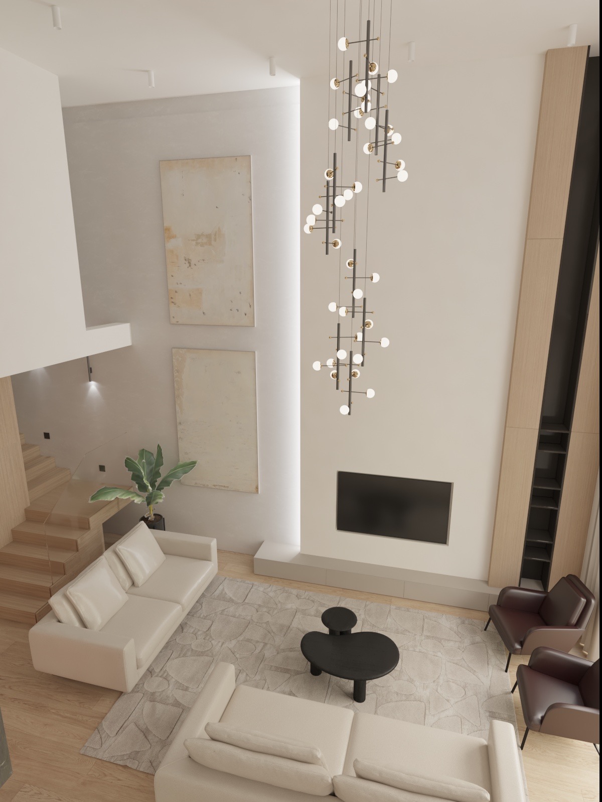 Wysoki salon z dwoma białymi sofami, czarnym stolikiem kawowym, telewizorem nad kominkiem i wiszącą lampą sufitową, widok z góry.