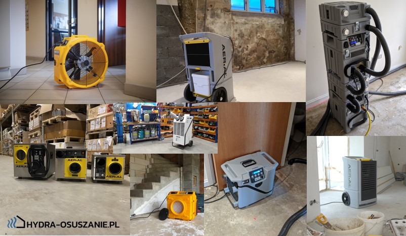 Kompilacja zdjęć różnego sprzętu do osuszania, w tym wentylatorów i osuszaczy kondensacyjnych, używanych w Tanowie podczas remontów i po zalaniach, z widocznym logo firmy na dole.