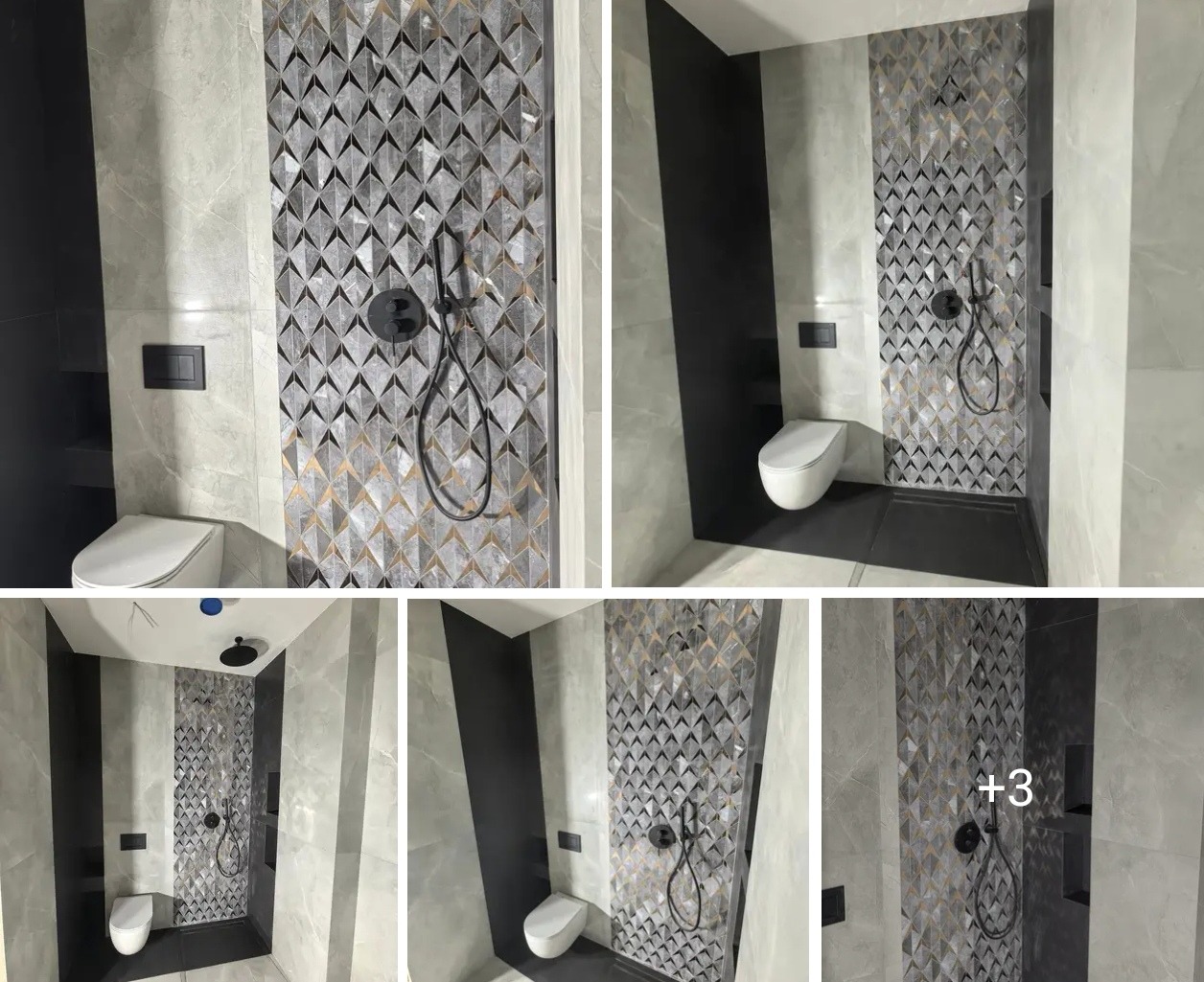 Nowoczesna łazienka z geometrycznymi płytkami pod prysznicem. Czarny panel kontrastuje z szarością marmuru. Minimalistyczna toaleta podwieszana.