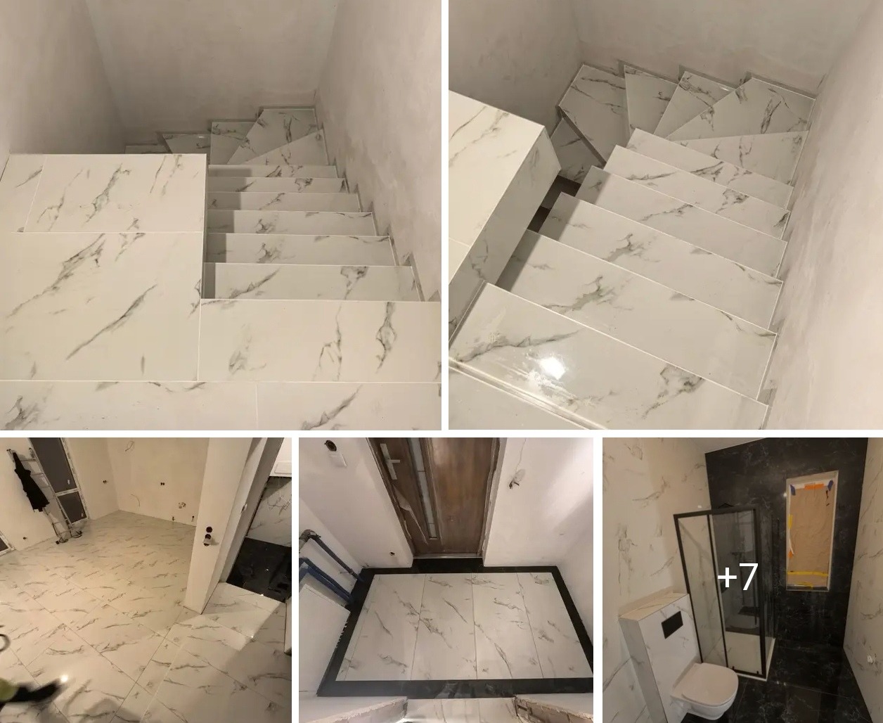 Kompozycja zdjęć z wykończenia wnętrz: schody, podłoga, łazienka. Białe płytki imitujące marmur z szarymi żyłami. Nowoczesny design. Widoczne detale wykończeniowe.