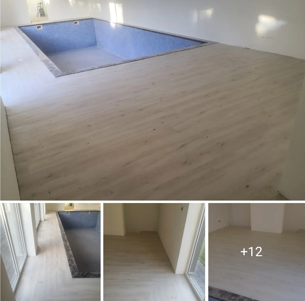 Wnętrze z basenem wykończonym niebieską mozaiką i jasną podłogą imitującą drewno. Widok z góry, z dodatkowymi ujęciami detali podłogi i przestrzeni.