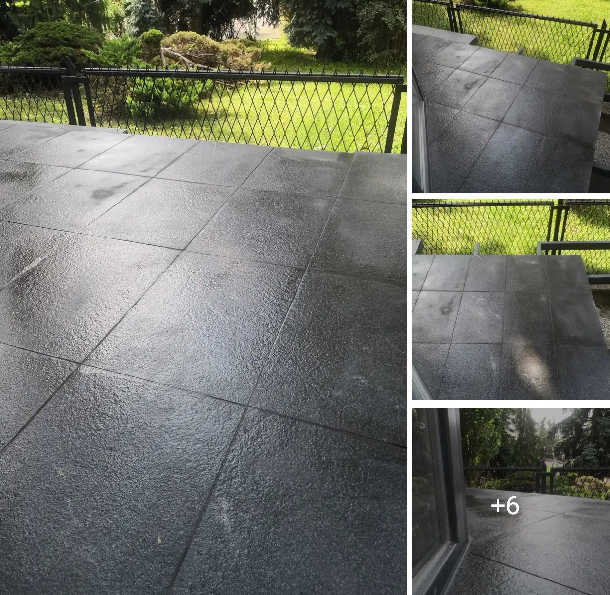 Ciemnoszara, kwadratowa posadzka na zewnątrz, z widoczną fakturą i fugami, otoczona zielenią. Dodatkowe ujęcia prezentują detale i perspektywę.
