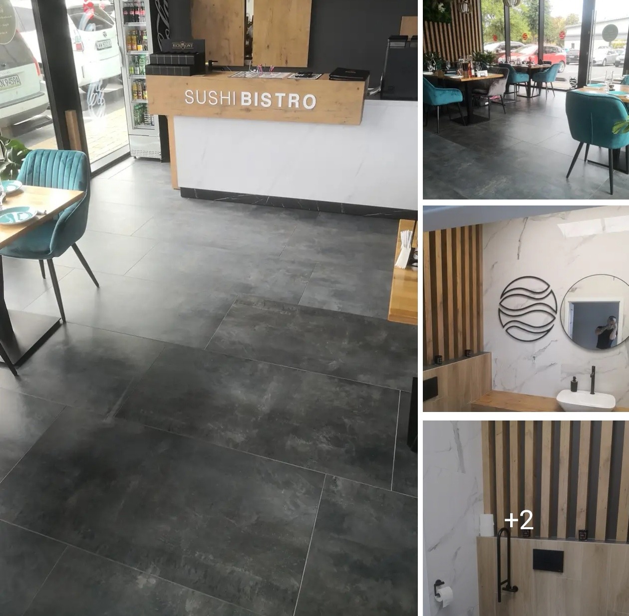 Wykończona podłoga z szarych, matowych płytek w restauracji Sushi Bistro. W tle widoczna lada i stoliki z krzesłami. Dodatkowe zdjęcia prezentują wykończoną łazienkę.