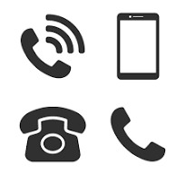 Zestaw ikon przedstawiających różne modele telefonów: telefon stacjonarny, słuchawka, smartfon oraz ikona połączenia z falami.