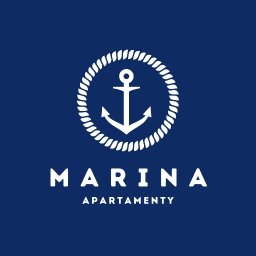 MANEE Group Mateusz Zacharow - Logo 'Marina Apartamenty' na granatowym tle, przedstawiające białą kotwicę w okręgu z liny.