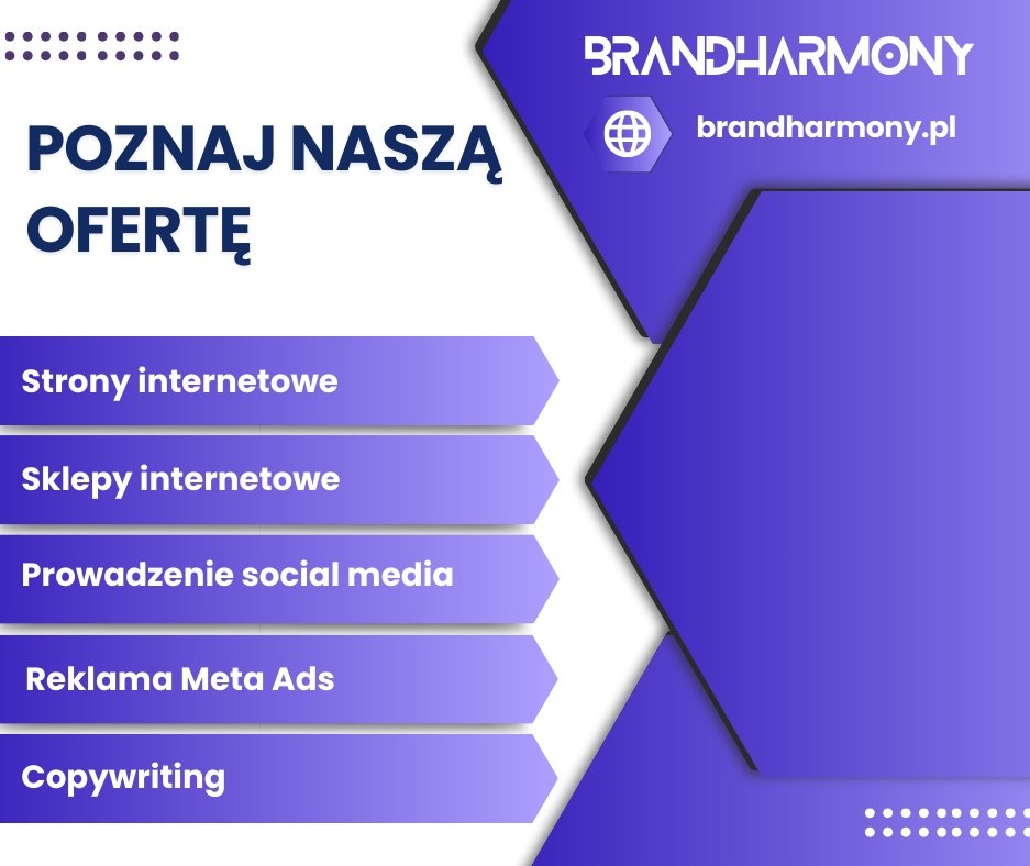 Grafika reklamowa z ofertą firmy BrandHarmony: Strony internetowe, Sklepy internetowe, Prowadzenie social media, Reklama Meta Ads, Copywriting. Fioletowo-biała kompozycja z logotypem i adresem strony.