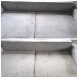 Dwu-częściowe ujęcie kanapy przed i po czyszczeniu, ukazujące wyraźną różnicę w czystości i odświeżeniu tapicerki.