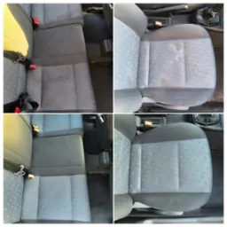 Czteropanelowe ujęcie fotela samochodowego i tylnej kanapy przed i po czyszczeniu, z wyraźną różnicą w czystości tapicerki.