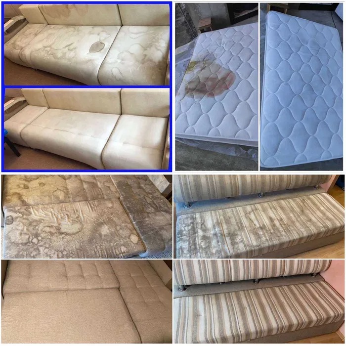 Kolaż zdjęć przedstawiający meble tapicerowane i materac przed i po czyszczeniu, z widocznymi plamami i zabrudzeniami na jasnych tkaninach.