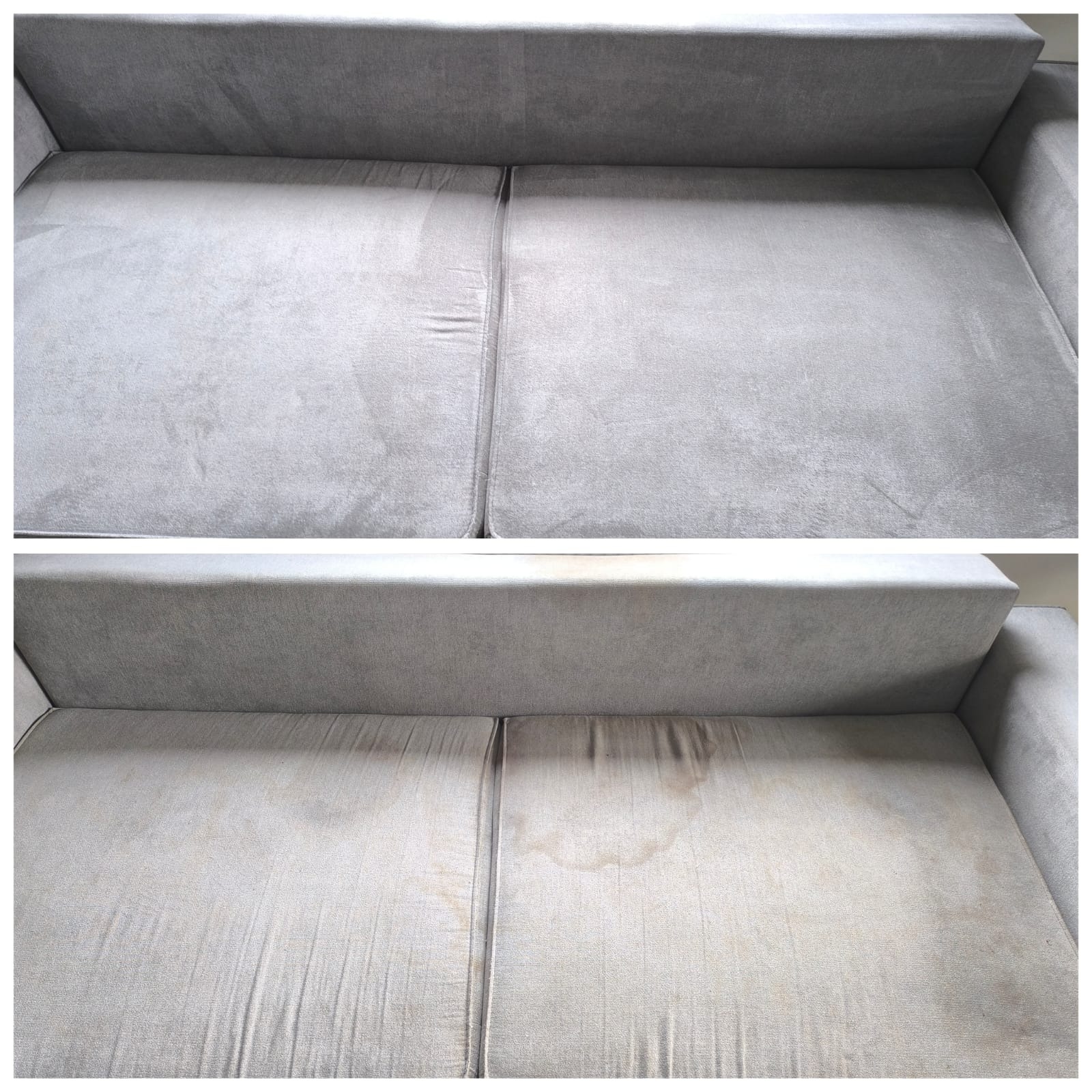 Dwu-częściowe ujęcie kanapy przed i po czyszczeniu, ukazujące wyraźną różnicę w czystości i odświeżeniu tapicerki.