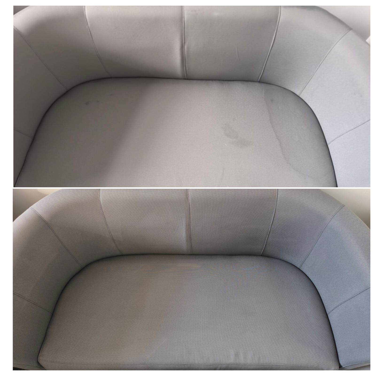 Porównanie: tapicerka fotela w odcieniach szarości przed i po czyszczeniu, widoczne usunięte plamy.