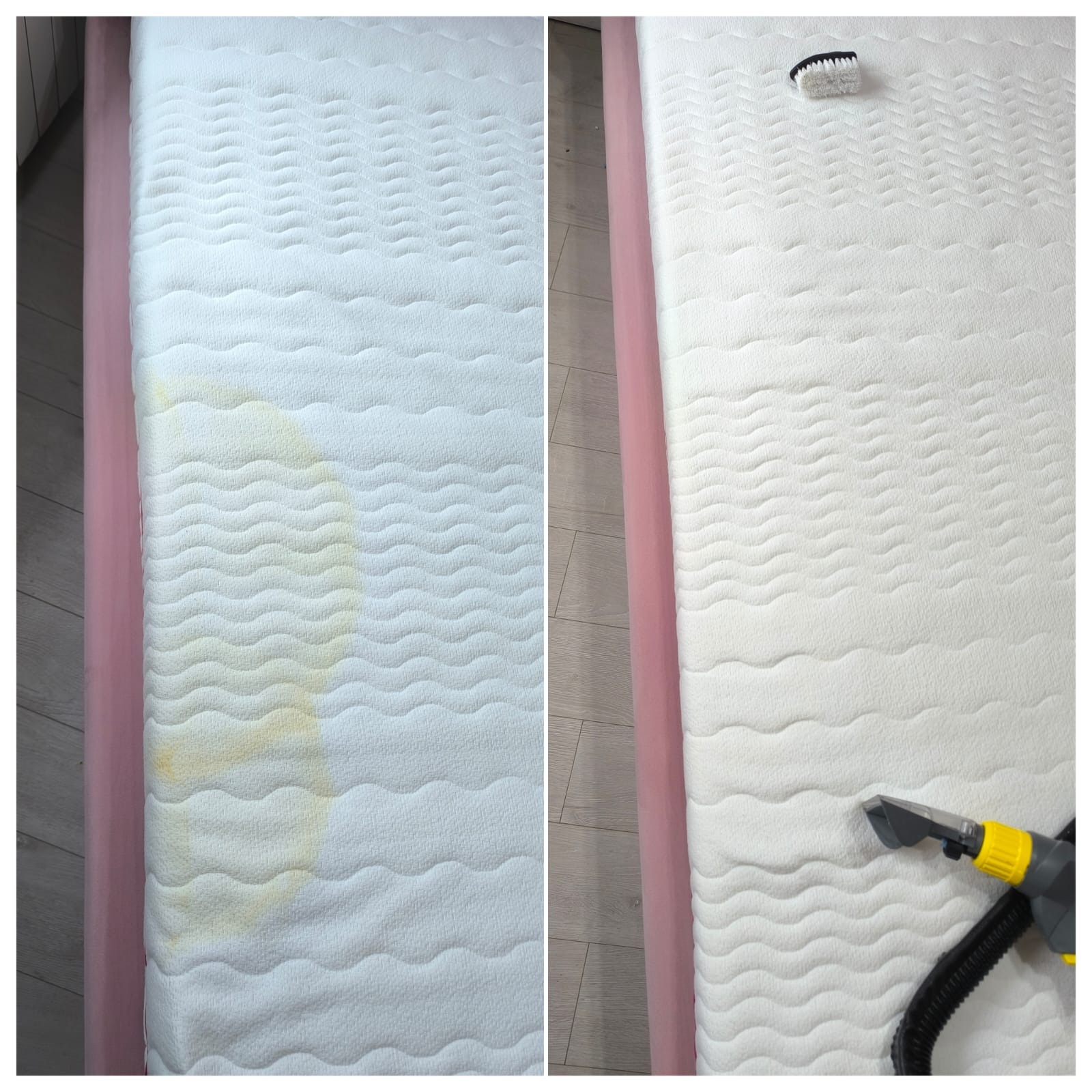 Dwuczęściowe ujęcie materaca: po lewej stronie widoczna plama, po prawej czyszczenie materaca odkurzaczem piorącym z żółtą końcówką.