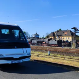 Biały bus pasażerski na tle skansenu kolejowego z lokomotywami i wagonami towarowymi w słoneczny dzień.