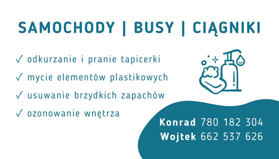 Grafika reklamowa usług czyszczenia pojazdów: odkurzanie i pranie tapicerki, mycie plastików, usuwanie zapachów, ozonowanie wnętrza, z numerami kontaktowymi.