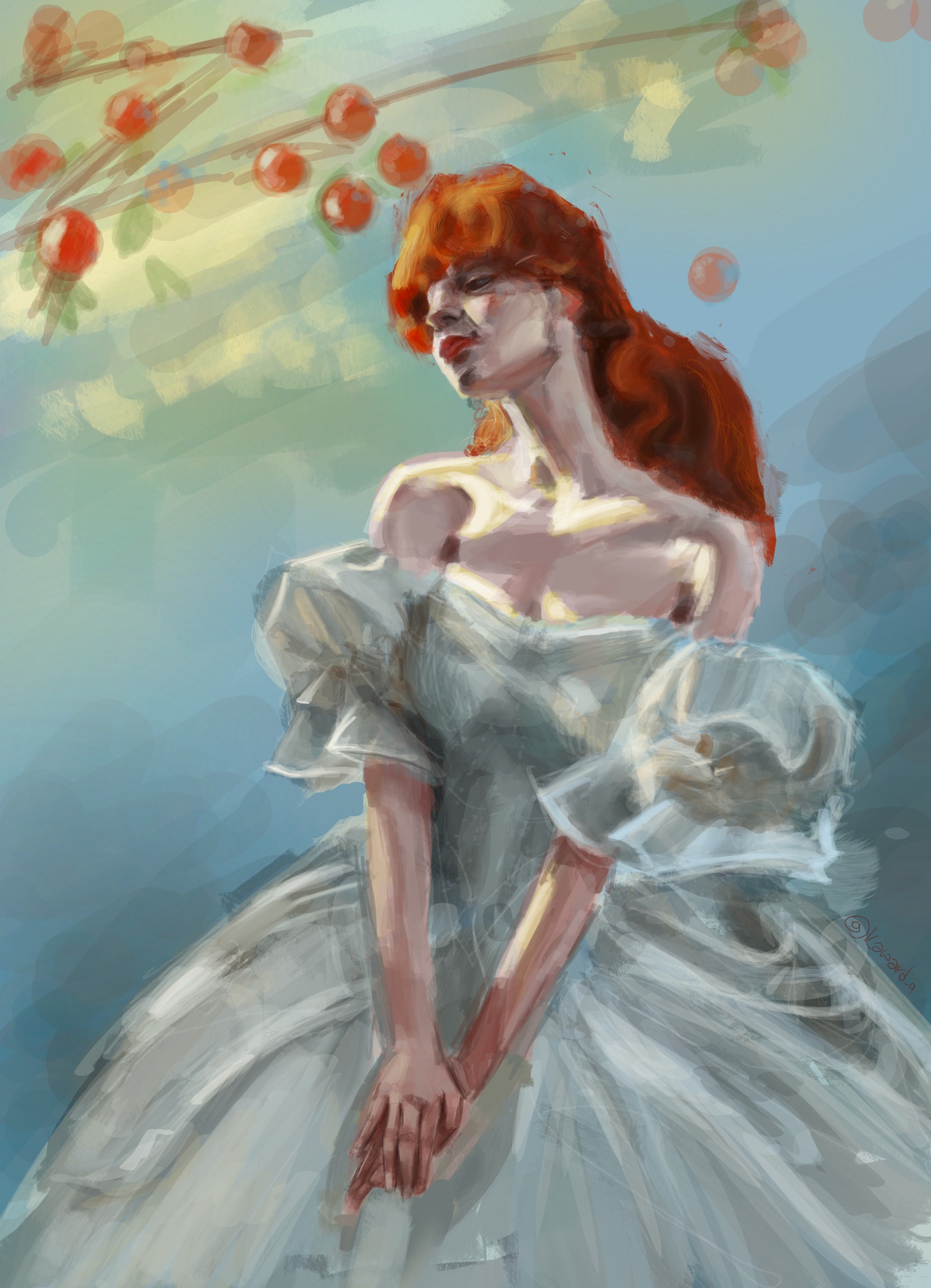 Cyfrowy obraz przedstawiający rudowłosą kobietę w jasnej sukni, z głową pochyloną w dół, na tle rozmytego nieba i gałęzi z czerwonymi owocami.