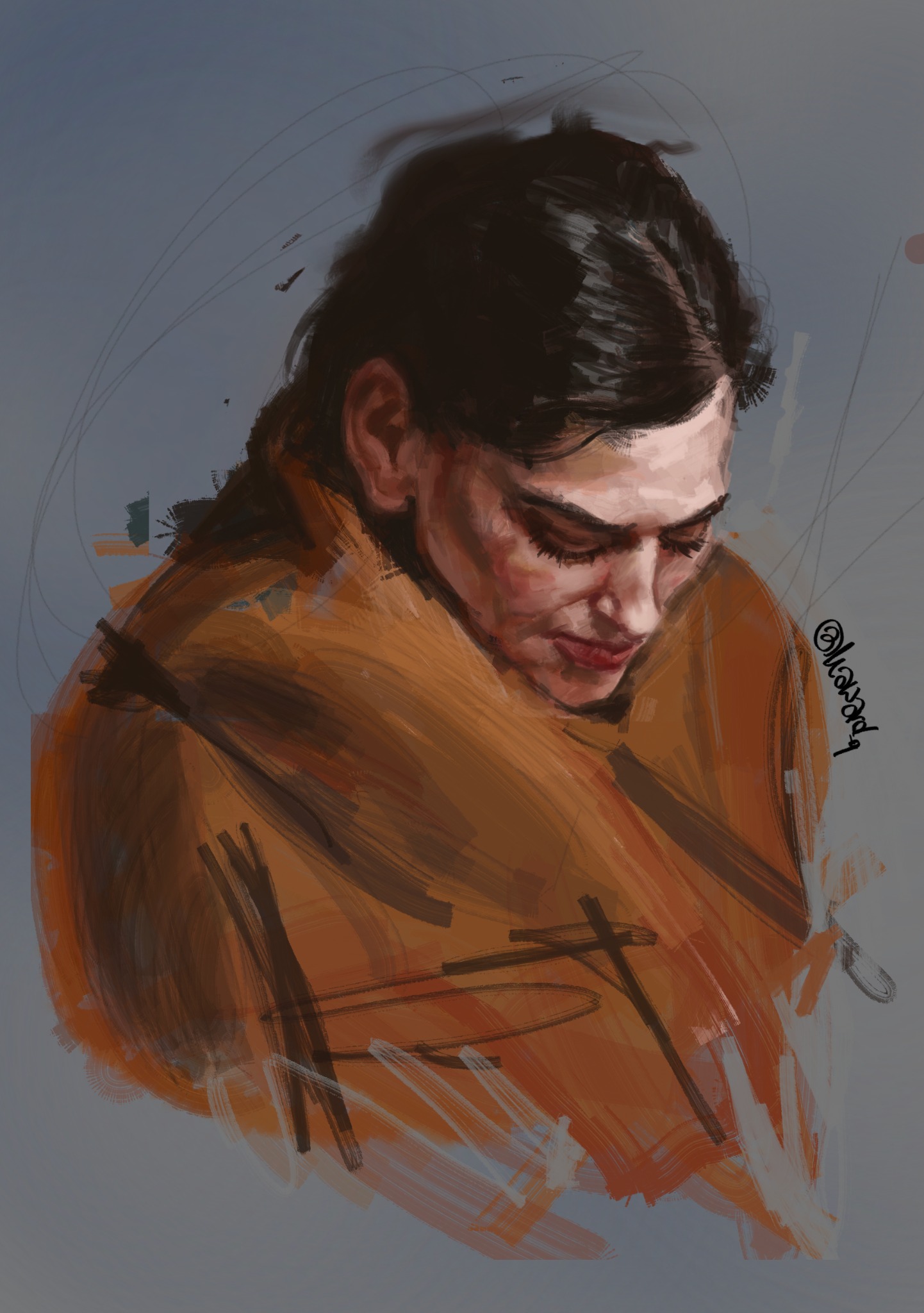 Cyfrowy portret kobiety z pochyloną głową, w ciepłej kolorystyce brązów i pomarańczy, z widocznym podpisem autora w prawym dolnym rogu.