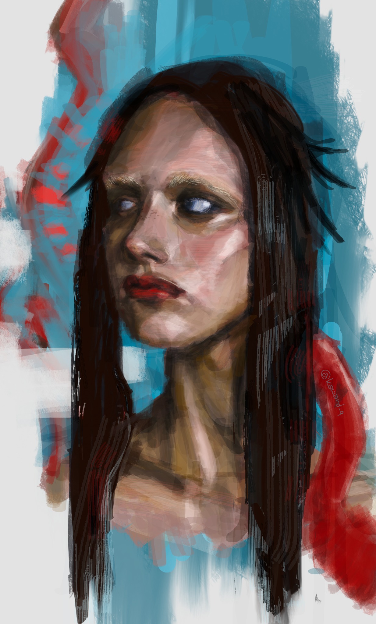 Cyfrowy portret kobiety z ciemnymi włosami i intensywnym spojrzeniem, namalowany ekspresyjnymi pociągnięciami pędzla na tle abstrakcyjnych plam błękitu i czerwieni.