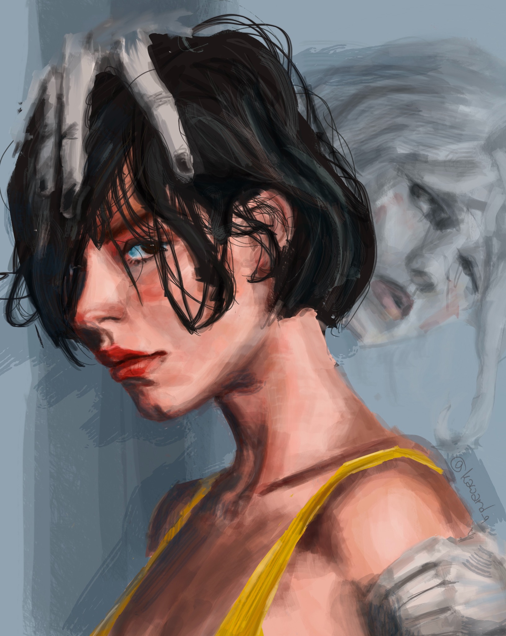 Portret młodej kobiety z krótkimi, ciemnymi włosami i czerwonymi ustami, z dłonią na czole i rozmytą postacią w tle, utrzymany w stylu malarstwa cyfrowego.